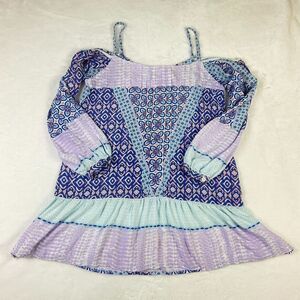 Walker & Wade Peasant Top Printed Cold Shoulder 3/4 Sleeve Casual Shirt Medium